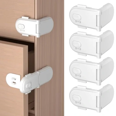 Abbildung von REDTRON Kindersicherung für Schränke mit doppeltem Sicherheitsschalter (4 Pack, Weiß), Ungiftige kindersichere Schrankschlösser, Kindersicherungen Türen Einfache Montage 3M Kleber