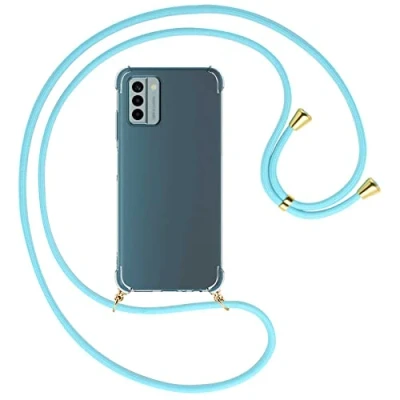 Abbildung von mtb more energy® Handykette kompatibel mit Nokia G22 Himmelblau/Gold Smartphone Hülle zum Umhängen Anti Shock Full TPU Case