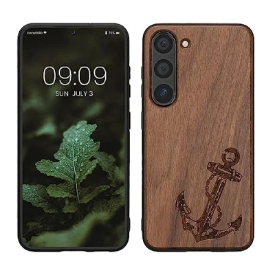 Abbildung von kwmobile Hülle kompatibel mit Samsung Galaxy S23 Holz Case Handy Cover TPU Handyhülle in Dunkelbraun Anker Vintage