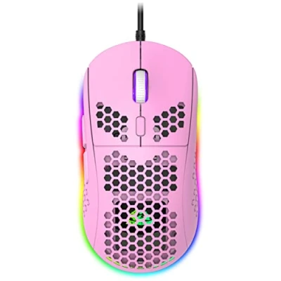 Abbildung von RGB Bienenwabe Leicht Gaming Maus, 6 Programmierbare Tasten, Hintergrundbeleuchtungsmodi und 6400 DPI Einstellbar, USB Kabel, Plug &amp; Play, Kompatibel mit Windows, Mac, Laptop, PS4, XBox Rosa