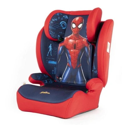 Abbildung von Marvel Spiderman Autositz für die Sicherheit von Kindern mit einer Höhe 100 bis 150 cm Grafiken des Superhelden Spider Man auf rotem und blauem Hintergrund