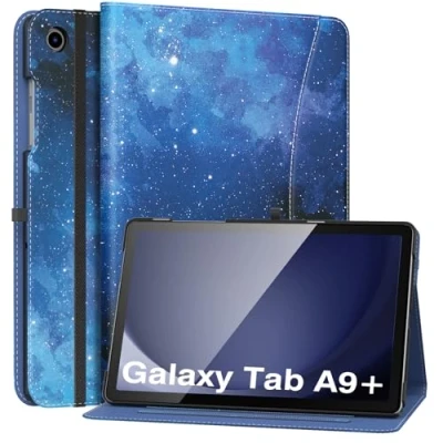 Abbildung von MoKo Hülle für Samsung Galaxy Tab A9 Plus 11 Zoll 2023 (SM X210/SM X216/SM X218), PU Leder Mehrere Winkel mit Handschlaufe, Fronttasche Auto Schlaf/Aufwach Funktion, Blau Sterne