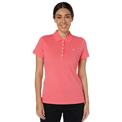 Abbildung von Nautica Damen 5 Button Short Sleeve Breathable 100% Cotton Polo Shirt Poloshirt, Melone Pink, Groß