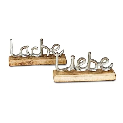 Abbildung von levandeo 2er Set Schriftzug Liebe Lache L23cm Metall Silber Mango Holz Aufsteller Deko Tischdeko Wohndekoration