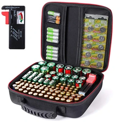 Abbildung von Batteriebox, Batterie Aufbewahrungsbox mit Batterietester ( BT 618 ), Case Hält 104 Batterien unterschiedlicher Größe für AAA,AA, 9V,C und D Größe,