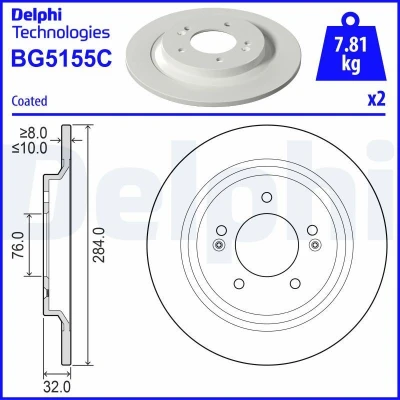 Abbildung von DELPHI Bremsscheibe KIA: Niro II 284mm 10mm 5 voll beschichtet BG5155C Bremsscheiben, Scheibenbremsen