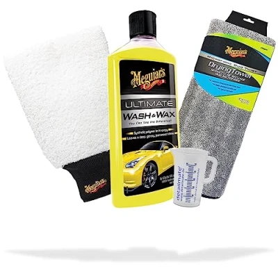 Abbildung von Auto Reiniger und Lackpflege Set Meguiar&#039;s Ultimate Wash &amp; Wax Super Thick Microfiber Mitt Duo Twist Car Drying Towel Messbecher optimale Reinigung Glanz Autoshampoo mit Wachs