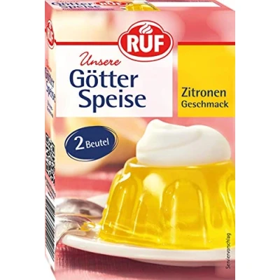 Abbildung von RUF Götterspeise Zitronen Geschmack, Wackelpudding, Götterspeisenpulver, einfache Zubereitung, nur Wasser und Zucker hinzufügen, Doppelpack, 2 x 12g