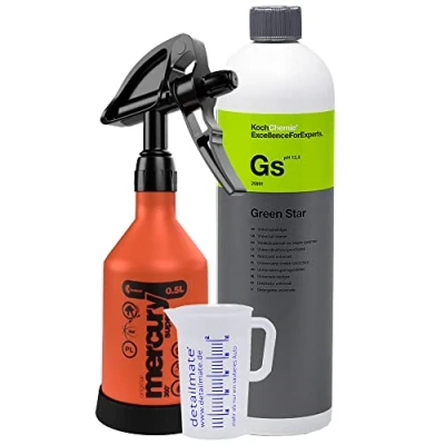 Abbildung von detailmate Set aus Kwazar 360 Grad Sprühflasche, Koch Chemie Green Star Universalreiniger 1L Messbecher 50 ml