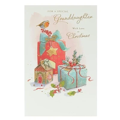 Abbildung von Weihnachtskarte für Enkelin traditionelles rotes Rotkehlchen und Geschenke