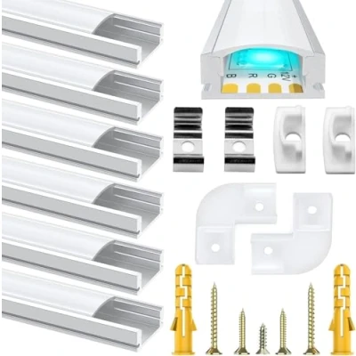 Abbildung von Chesbung LED Aluminium Profil 6x1m, U Form Kanal für Streifen/Strips/Band bis 12 mm inkl, Leiste Diffusor Profile mit Milchig Weißer Abdeckung, Endkappen, Montageclips und 90 Grad Eckverbindern