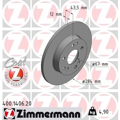 Abbildung von ZIMMERMANN COAT Z 400.1406.20 Bremsscheibe 284 12 8/5 5 112 voll beschichtet MERCEDES BENZ: W124 Limousine, T modell, Coupe