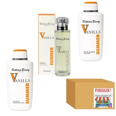 Abbildung von Ein Angebot von FISGUS® by krass shoppen de Bettina Barty Summer Vanilla Serie 1 x 500ml Bath &amp; Shower Gel Hand Body Lotion EdT Spray 50ml