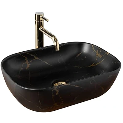 Abbildung von wohnwerk.idee Aufsatzwaschbecken Waschbecken Marmor Schwarz 46,5x33,5cm Belinda Marble Black Matt