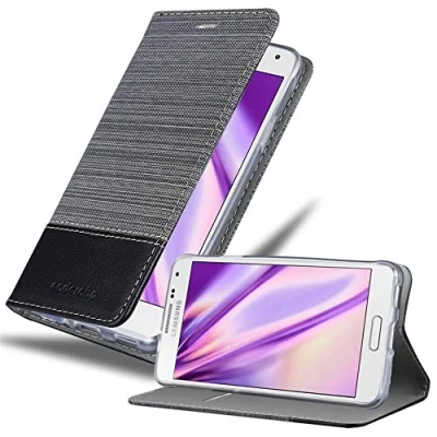 Abbildung von Cadorabo Hülle kompatibel mit Samsung Galaxy Alpha aus Premium Jeans und Kunst Leder Flip Klappbare Stoßfeste Magnetische [Standfunktion] [Kartenfächern] Cover für Tasche in Grau