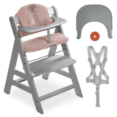 Abbildung von hauck Hochstuhl Alpha Plus Set mit Sitzauflage und Essbrett Click Tray mitwachsender Kinderhochstuhl Kissen Tablett Grau Minnie Mouse