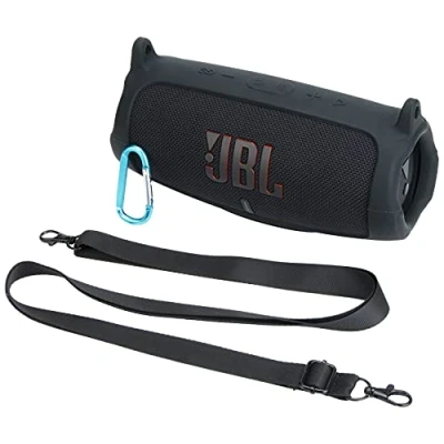 Abbildung von Khanka Silikonhülle für JBL Charge 5 Tragbarer Bluetooth Lautsprecher musikbox. (Silikonhülle+Schulterriemen+Karabiner)