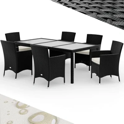 Abbildung von Casaria® Polyrattan Gartenmöbel Set 13 teilig Stühle stapelbar inkl. 7cm Auflagen 190x90cm Gartentisch Terrasse Balkon Möbel Sitzgruppe Essgruppe Schwarz