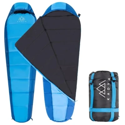 Abbildung von KADVA Camping Schlafsack Faran L mit linker Seitenverbindung 220 x 80 cm Blauer Kapuze Komforttemperatur 10 Grad Ideal für Herbst Frühling Ripstop Technologie
