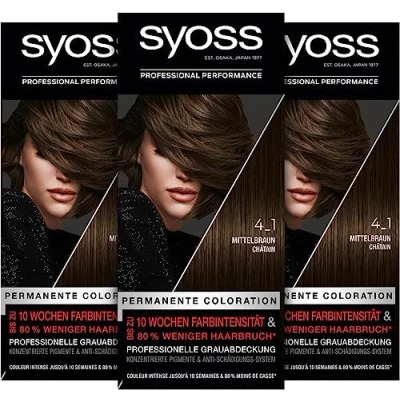 Abbildung von Syoss Color Coloration 4_1 Mittelbraun Stufe 3 (3 x 115 ml), permanente Haarfarbe für bis zu 10 Wochen Farbintensität und 70 % weniger Haarbruch*