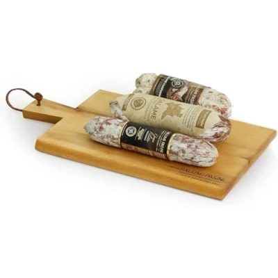Abbildung von Triptychon der Geschmacks Geschenkbox Salumi Pasini® Campagnolo Salami 270g + Gran Filetto 170g mit Sekt aus Lombardei Inklusive Schneidebrett Akazienholz