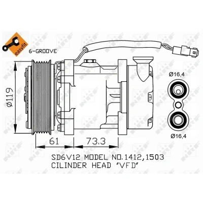 Abbildung von NRF EASY FIT 32275 Kompressor SD6V12 12 PAG 46 mit Kompressoröl, Dichtring PEUGEOT: 206 Schrägheck, 106 II SW