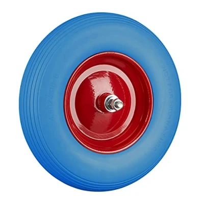 Abbildung von Relaxdays Schubkarrenrad Vollgummi mit Achse, 4.80 4.00 8 Gummirad, pannensicher, 100kg Tragkraft Ersatzrad, blau rot