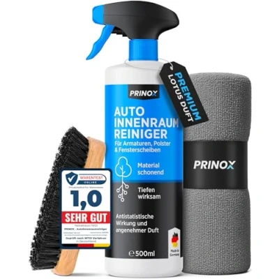 Abbildung von Prinox Innenraum Auto Reiniger Set 500ml Cockpitpflege Innen Reinigung Reinigungsmittel (Kunststoff, Polster, Leder &amp; Armaturen, [ Autopflege Innenraumreiniger mit Bürste Cockpit Reiniger)