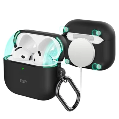 Abbildung von ESR für AirPods 4 Hülle (HaloLock), Kompatibel mit 4. Generation (2024) (USB C), Unterstützt kabelloses Laden, Schutzhülle Karabinerhaken, Cloud Serie, Schwarz