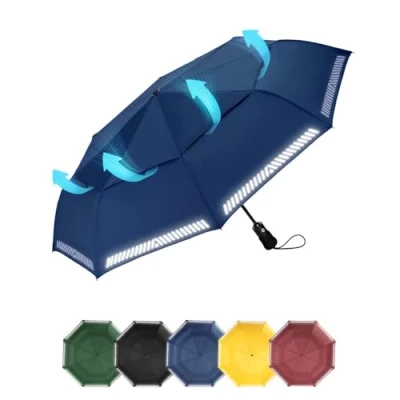 Abbildung von Chakipee Regenschirm Sturmfest Taschenschirm mit Reflexstreifen Blau Umbrella Kompakter Reise Winddichter Automatik Auf und Zu Doppelt Belüftetes Vordach 8 Rippen für Herren Damen Kinder