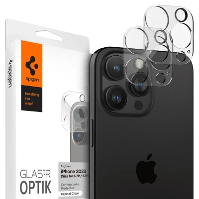 Abbildung von Spigen Glas.tR Optik Kameraschutz kompatibel mit iPhone 14 Pro, Pro Max, 2 Stück, Kristallklar, Hüllenfreundlich, Anti Kratzer, 9H Härte Folie