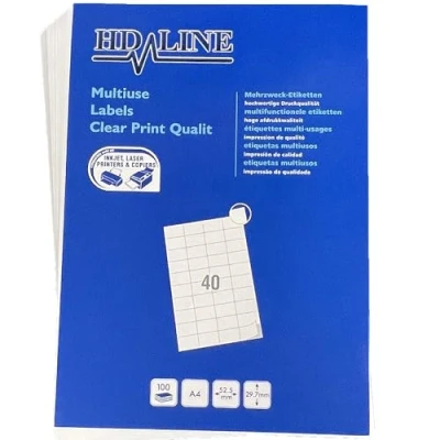 Abbildung von Hd line Universal Etiketten 1 Packungen, 52,5 x 29,7 mm, 100 Blatt, 4000 Stück, selbstklebend, bedruckbar, matt, blanko Papier Klebeetiketten Aufkleber, 40 pro A4 Bogen, weiß