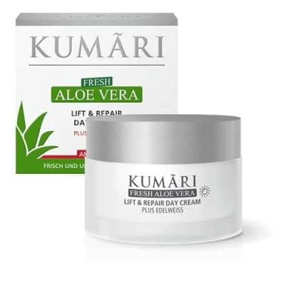 Abbildung von KUMARI Lift &amp; Repair Day Cream mit Aloe Vera + Edelweiss strafft die Haut glättet Fältchen vegane Anti Aging Tagescreme 70% unverdünntem BIO Pflanzensaft (50ml)