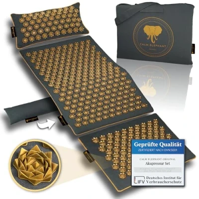 Abbildung von CALM ELEPHANT ORIGINAL® Akupressurmatte mit Kissen XXL Set GENUINE 5 teilig, Massagematte Rücken, Verspannungen lösen, Akupunktur Matte, Wärmefunktion, Lendenkissen, Fußmatte &amp; Tasche, grau