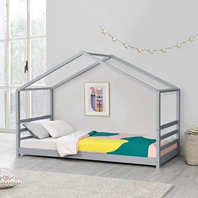 Abbildung von en.casa Kinderbett, »Vardø« Hausbett Jugendbett Kiefernholz 90x200cm Grau