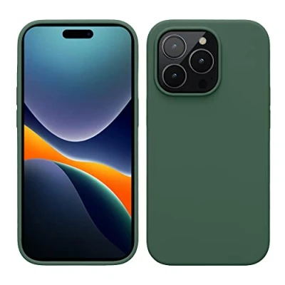 Abbildung von kwmobile Hülle für das iPhone 14 Pro dünnes Silikon Handy Case stoßfeste Handyhülle mit weicher Oberfläche unterstützt kabelloses Laden Tannengrün