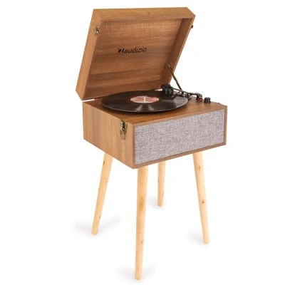 Abbildung von Audizio Fremont Schallplattenspieler Retro Plattenspieler Bluetooth Transmitter &amp; Receiver, Tisch mit Lautsprecher, Vinyl Player für Schallplatten, Holz