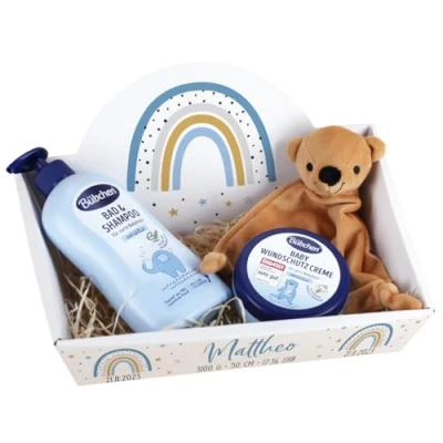 Abbildung von Striefchen® Baby Geschenkset Geschenkkorb mit Namen des Kindes Geschenk zur Geburt oder Taufe (Regenbogen Blau)