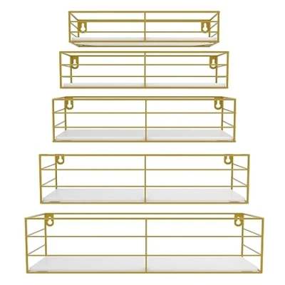 Abbildung von HORLIMER 5er Set Wandregal, Schweberegal mit Gold Metal Stäben und Weiß Holzbrett, Modern Regal Wand für Küche, Bad, Schlafzimmer, Wohnzimmer Büro (Rechteckig)