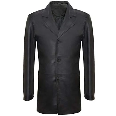Abbildung von Infinity Leather Herren Longh 3/4 Schwarz Cromby 3 Knopf Lamm Nappaleder Blazer Klassisch Harrington Manteljacke XL