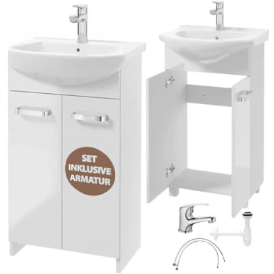 Abbildung von Deftrans Domodomo Badezimmerschrank mit Waschbecken, 85 x 50 40 cm weißer Waschbeckenschrank, Keramik Waschbecken Set, Standschrank für kleines Bad (Weißes 45 Set Waschtischbatterie + Siphon)