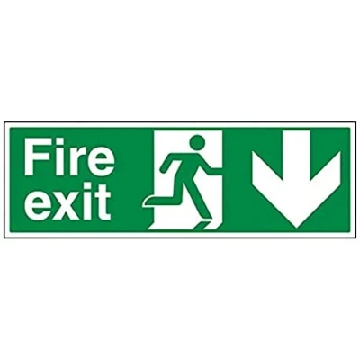 Abbildung von vsafety 14002bp r Fire Exit Schild, Arrow Down, starrer Kunststoff, Landschaft, 600 mm x 200 mm, grün