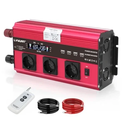 Abbildung von Wechselrichter 12V auf 230V 2500W Spannungswandler 5000W Spitze LVYUAN Konverter mit Fernbedienung LCD 4 USB Ports 3 EU Steckdose