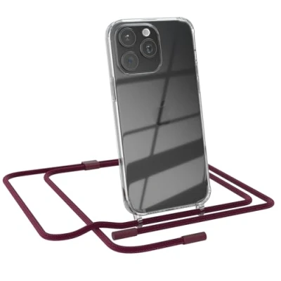 Abbildung von EAZY CASE Handykette kompatibel mit iPhone 15 Pro Max dünne Handyhülle für Hülle Band als Fallschutz Kette zum Umhängen transparente Silikon in Beere