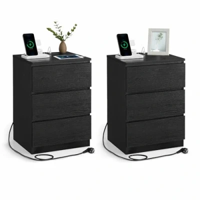Abbildung von VASAGLE Nachttisch, 2er Set, Beistelltisch, 3 Schubladen, abgeschrägte Kante, 2 AC Steckdosen, USB Anschlüsse, Wohnzimmer, Schlafzimmer, Arbeitszimmer, modern, ebenholzschwarz LET831B56