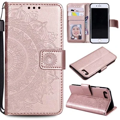 Abbildung von CoverKingz Handyhülle kompatibel mit iPhone 7/8/SE [2020/2022] Handytasche Kartenfach Klapphülle Case Handy Hülle klappbar Motiv Mandala Rosegold