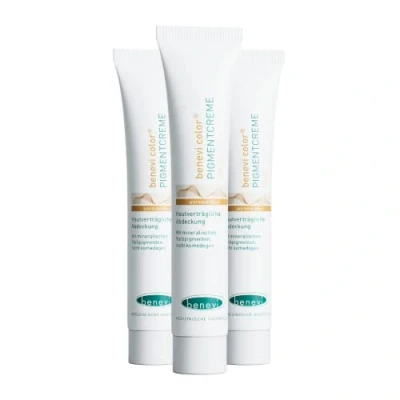 Abbildung von benevi Pigmentcreme 3 x 20ml zum gezielten Abdecken von Rötungen, Pickeln, Unreinheiten oder als Make Up Ersatz. Kaschiert zuverlässig erweiterte und rote Äderchen bei Couperose &amp; Rosacea (hell)