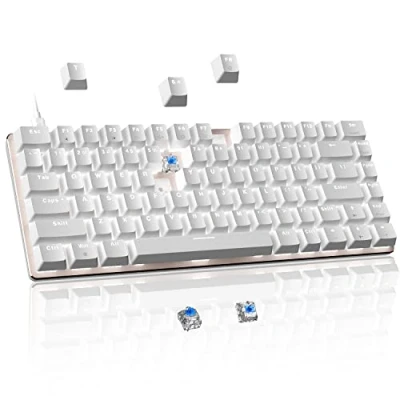 Abbildung von Hot Swap Mechanische Gaming Tastatur, 82 Tasten Verkabelte Blaue Schalter Anti Ghosting Weiße LED Hintergrundbeleuchtung Ergonomische Kompakte Tastatur für Windows &amp; Mac PC Laptop PS4 Gamer, Weiß