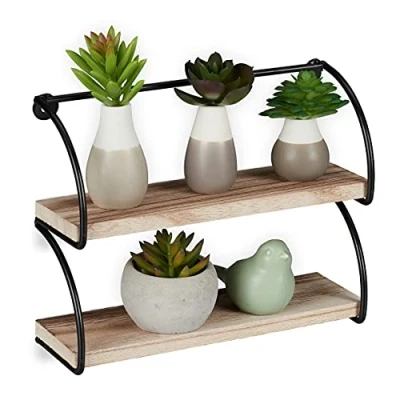 Abbildung von Relaxdays Wandregal Industrial, 2 Ablagen, Metall &amp; Holzoptik, Deko Hängeregal Wand, HBT: 17 x 22 7 cm, schwarz/Natur
