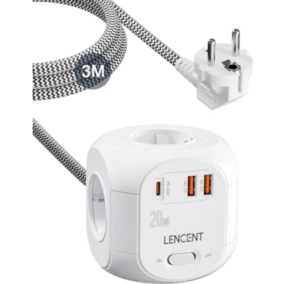 Abbildung von LENCENT 4 Fach Steckdosenleiste Steckdosenwürfel Typ C PD20W Mehrfachsteckdosen 7 in 1 Cube Steckdose Steckerleiste mit 2 USB 3.0 &amp; PD20W, Mehrfachstecker 3 Meter Geflochtenem Kabel